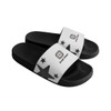 Black PVC slides with a white strap featuring a logo and star design.