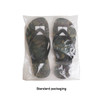 A pair of camouflage rubber thongs in standard packaging, featuring black straps and a textured sole.