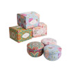 A collection of decorative tin candle boxes featuring floral patterns in various colours and designs.