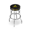 A black barstool with a chrome base and a logo on the seat. Ideal for home or living spaces.