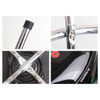 A custom barstool featuring a chrome base, black seat, and detailed close-ups of its components.