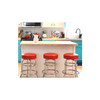 Three custom barstools with red seats and chrome bases arranged neatly at a kitchen island with a bright blue and white background.
