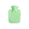 A green hot water bottle with a plush cover, featuring a simple design and rounded top. Suitable for home use.