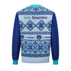 A blue and light blue unisex acrylic cotton jacquard sweater featuring a patterned design. It has a logo on the back.