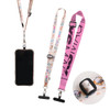 Adjustable phone lanyard in pink and a patterned strap, designed to hold a mobile device securely.