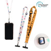 Adjustable RPET phone lanyard in various colours, featuring a printed design and an attached phone holder.