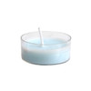 A tealight candle in a clear container, featuring a light blue wax and a white wick.