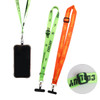 An adjustable woven phone lanyard in vibrant green and orange colours, featuring a logo and a secure clip for attachment.