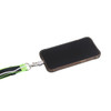 An adjustable woven phone lanyard with a vibrant green and black design, holding a sleek, black phone case.