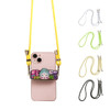 An adjustable phone lanyard with a back clip, featuring a yellow strap and various coloured accessories.