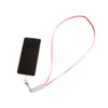 A pink lanyard with a charging cable attachment and a smartphone secured to it. Features a branding logo.
