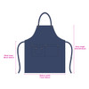 A navy blue poly-cotton denim bib apron with a neck strap and two front pockets. Features a logo.