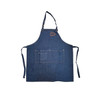A denim blue full bib apron with a neck strap and front pockets, featuring a logo on the chest area.
