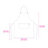 A white poly-cotton canvas bib apron with a colour neck strap, featuring a front pocket and various measurements indicated.