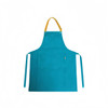 A turquoise poly-cotton canvas full bib apron with a yellow neck strap and a front pocket. It features a logo.