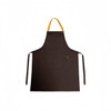 A brown poly-cotton canvas full bib apron with a yellow neck strap and ties, featuring a pocket and a logo.