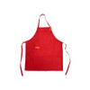 A red poly-cotton canvas full bib apron with a neck strap and a front pocket. The apron features a logo.
