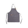 A grey poly-cotton canvas full bib apron with a neck strap and one front pocket. It includes a branding logo.