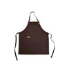 A black poly-cotton canvas full bib apron with neck strap and a front pocket, featuring a logo.