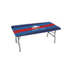 A rectangular table topper featuring blue, red, and white stripes, with a logo printed on the surface.