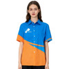 A blue and orange women's shirt featuring short sleeves and a logo on the front.