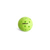 A bright green pickleball with holes, featuring a logo on the surface.