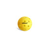 A yellow pickleball with holes, featuring a logo printed on its surface.