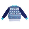 A blue and white unisex winter acrylic cotton jacquard sweater featuring a patterned design and a logo.
