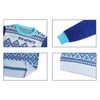 A unisex winter acrylic cotton jacquard sweater in blue tones with patterned designs and a logo.