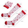Compression socks in white with red accents, featuring patterns of hearts and medical symbols, and a logo.