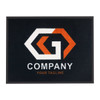 A nylon logo mat featuring a dark background with orange and white geometric shapes and a company logo.