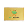 A yellow polyester logo mat featuring a graphic of a shopping trolley with fruits and vegetables and a logo.