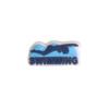 A blue and white charm featuring a swimmer with the word "SWIMMING" underneath. It has a logo on it.