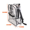 A transparent backpack with black trim and straps, featuring a front pocket and a mesh side pocket.