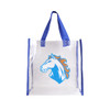 A clear tote bag with blue handles and an emblem featuring a horse in blue and orange.