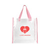 A clear tote bag with pink handles and a logo featuring a heart and drawing elements.