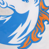 A clear tote bag featuring a blue and orange design with a logo. The background is mostly transparent.