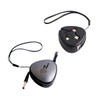A triangular retractable portable charging cable in black and silver with a logo and a loop for easy carrying.