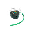 A retractable portable charging cable in a triangular green casing with a logo and a attached green strap.