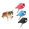 A dog wearing a camouflage hat, alongside pink, blue, and black hats on display. Each hat has a logo.