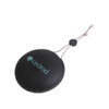 A black portable waterproof Bluetooth speaker with a microphone, featuring a handle for easy carrying and a logo.