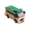 A building block model of a beige bus with a green roof and a green "BUS" sign on top, featuring a logo.