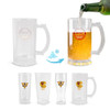 A drink glass set featuring colour-changing mugs, showcasing clear and frosted designs with a logo.