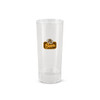 A clear glass with a logo, featuring a tall, straight design suitable for beverages.