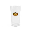 A clear glass with a logo featuring beer mugs, designed for beverage enjoyment.