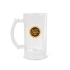 A clear glass beer mug with a sturdy handle and a round logo on the front.