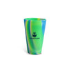 A custom silicone cup in green and blue with a logo on its side.