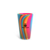 A drink bottle in vibrant blue, pink, and yellow swirl patterns, featuring a black logo.