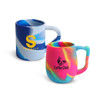 Two custom silicone mugs in vibrant blue and multicoloured designs, each featuring a logo.