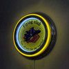 A round neon wall clock featuring yellow and black colours, with a flying club theme and a logo.